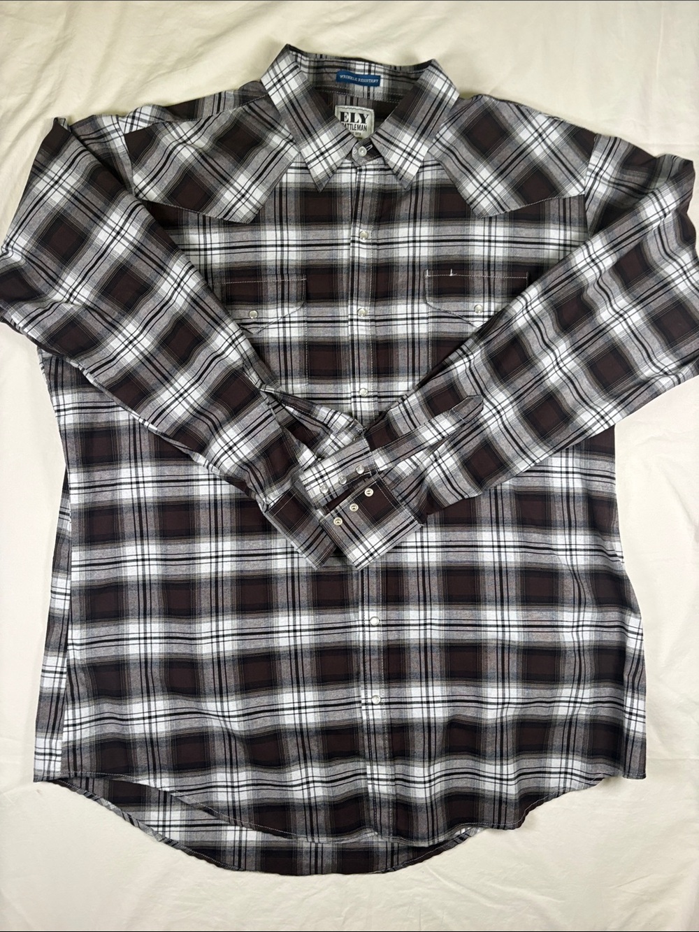 Ely Cattleman Brown and White Plaid Western Button-Down Shirt